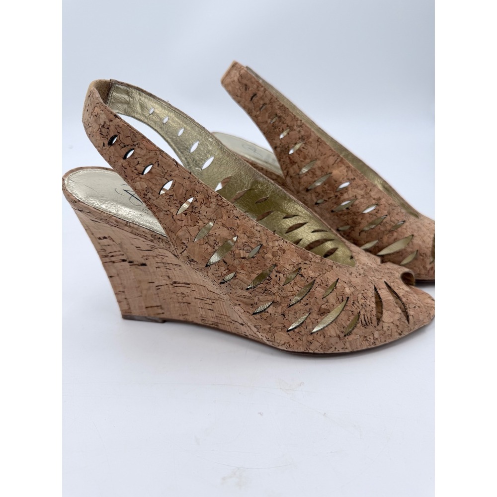 Adrianna Papell Wedge Heel Womens 10M Tan Cork/Leather Peep Toe Slingback Cutout